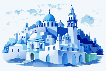 Wall Mural - Watercolor painting of serene city scene with gentle blue hues and white stonework, isolated on crisp white background, cityscape, architecture, blue, watercolor