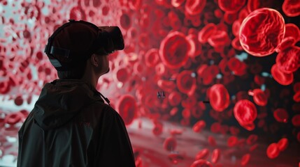 Poster - A person wearing a VR headset stands in front of a screen displaying red blood cells.