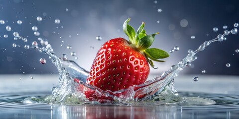 Wall Mural - Water splash on a ripe strawberry, fresh, red, fruit, wet, splashing, close-up, healthy, juicy, refreshing