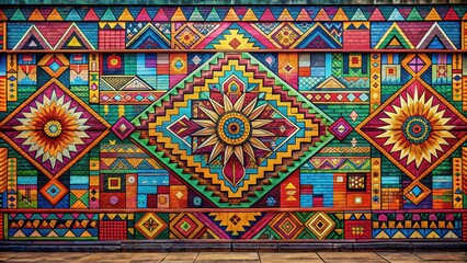 Canvas Print - Vibrant Aztec-inspired mural featuring colorful geometric patterns and symbols , Aztec, mural, vibrant, colorful