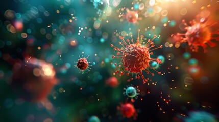 Aufkleber - A microscopic image of a virus with spiky proteins. It is surrounded by other smaller viruses and particles, with a blurry green and blue background.