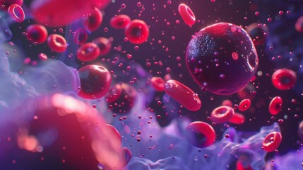 Aufkleber - Red blood cells float in a swirling purple fluid, with some cells appearing to be in focus while others are out of focus and blurred.