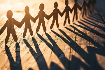 Paper cut-out of people holding hands in a chain, casting long shadows on a wooden surface, with a blurred background to emphasize unity and connection within a community or group.