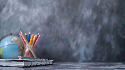 Wall Mural - A desk neatly arranged with colorful school supplies: notebooks, pencils, crayons, rulers, and a globe. Background is blurred to highlight the desk items.