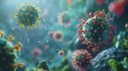 Fototapete - A microscopic view of several virus cells, with red, pink, blue, and green coloring, floating in a blue liquid.