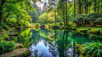 Poster - Tranquil pond nestled in a lush forest setting, nature, water, reflection, trees, serene, peaceful, scenic, outdoor