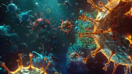 Aufkleber - The image shows a close-up, digital rendering of a virus. The virus is depicted in gold and red, surrounded by a blue and green background, with many other viruses in the background.