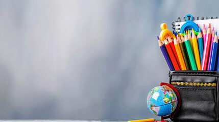 Wall Mural - A desk neatly arranged with colorful school supplies: notebooks, pencils, crayons, rulers, and a globe. Background is blurred to highlight the desk items.