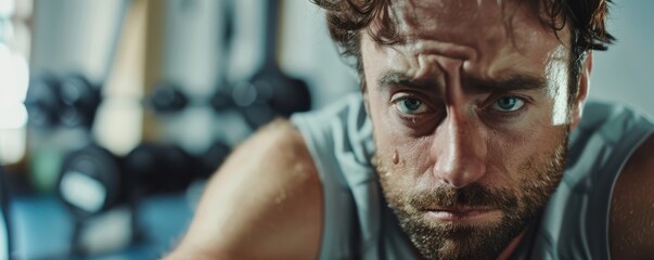 Wall Mural - Tired man at the gym, close-up of focused face. Free copy space for text.