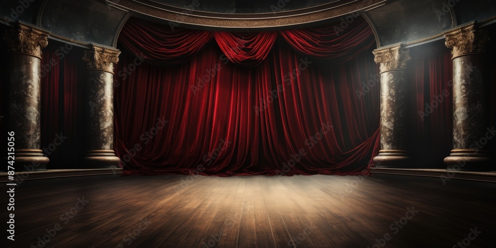 Elegant red velvet theater stage with ornate columns and spotlight ...