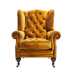 Wall Mural - Luxurious vintage mustard yellow velvet armchair with classic tufted design, wooden legs, and plush cushions. Perfect for a cozy and elegant decor.