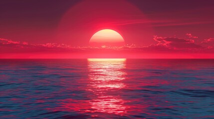Wall Mural - vibrant red sunset over the ocean, with the sun half-submerged and casting a glowing reflection on t