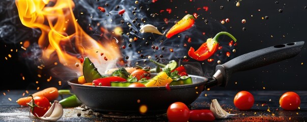 Wall Mural - Colorful vegetables flying out of a pan, fiery cooking scene. Free copy space for text.