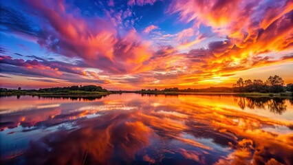 Wall Mural - Vibrant sky with orange, pink, and purple hues reflecting on a tranquil landscape at sunset, sunset, landscape, colorful, vibrant