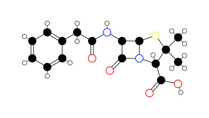 Wall Mural - benzylpenicillin molecule, structural chemical formula, ball-and-stick model, isolated image penicillin g