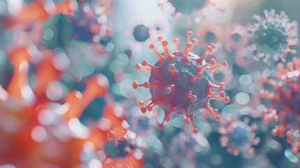 Aufkleber - A single coronavirus, with its characteristic spikes, is in focus. Several other viruses are out of focus in the background.