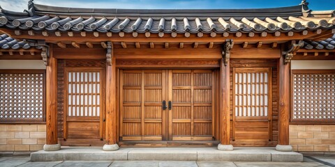 Canvas Print - Traditional Korean wooden door entrance of a house gate with intricate details , Korea, Traditional, Wooden door, House