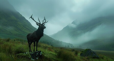 Wall Mural - Majestic Stag in the Mist-Shrouded Highlands