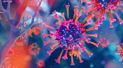 Fototapete - A colorful microscopic image of a coronavirus with numerous spike proteins extending from its surface.