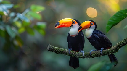 Wall Mural - Two Toucans Perched on a Branch in a Lush Rainforest Setting
