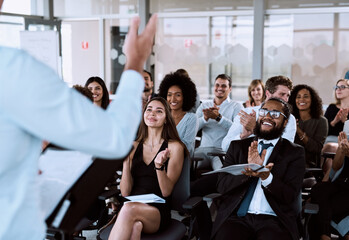 Poster - Business, people and applause for speaker presentation, presenter speech and corporate training with professional. Support, career seminar and company conference with employees, clapping and crowd