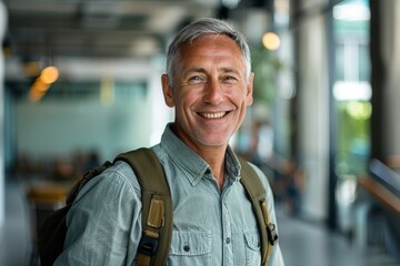 Wall Mural - Portrait of a cheerful caucasian man in his 50s sporting a breathable hiking shirt isolated on sophisticated corporate office background
