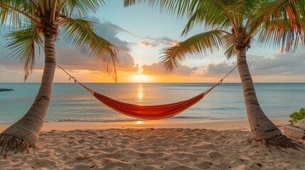 Poster - A hammock strung between palm trees on a sandy beach, with the sea in the background. A perfect tropical vacation spot.