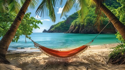 Poster - A hammock strung between palm trees on a sandy beach, with the sea in the background. A perfect tropical vacation spot.