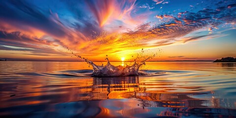 Wall Mural - Vibrant sunset reflecting on water surface creates a mesmerizing splash effect, sunset, water, reflection, vibrant, colorful