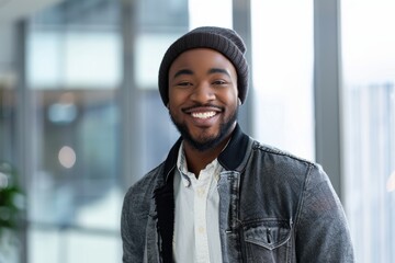 Wall Mural - Portrait of a grinning afro-american man in his 20s sporting a trendy beanie isolated in sophisticated corporate office background