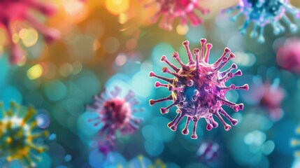 Aufkleber - A close-up microscopic image of a virus, featuring a vivid pink and purple hue with a colorful, blurred background.