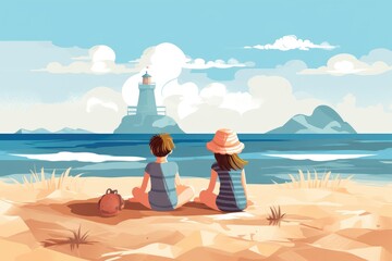 Wall Mural - children play on the beach in summer illustration