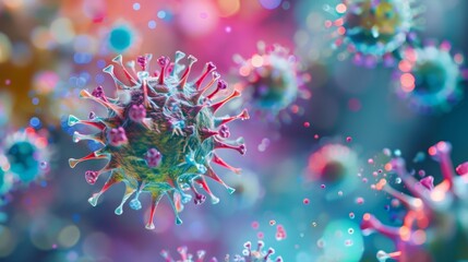 Leinwandbilder - A 3D rendering of a virus with a colorful, spiky exterior against a blurred, colorful background.