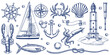 © Qualit Design - Nautical vintage icons set. Vector hand drawn monochrome sketch illustration of lighthouse, ship, anchor, sea animals. Marine design elements isolated on white background