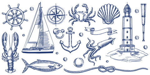 nautical vintage icons set. vector hand drawn monochrome sketch illustration of lighthouse, ship, an