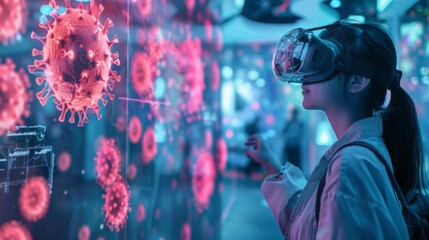 Fototapete - A woman wearing a VR headset interacts with a virtual display of virus particles.