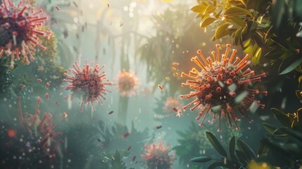 Aufkleber - A digital illustration of Coronavirus particles floating in a forest setting.
