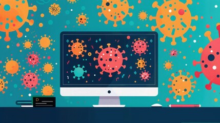 Fototapete - A computer screen displays an illustration of colorful viruses. The computer sits on a desk with a pencil and a business card.
