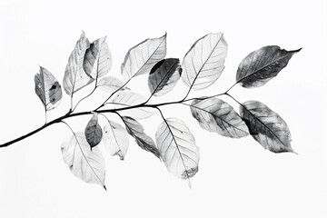 Sticker - 
black and white drawing of leaves on a branch, simple shapes, white background, no shadows, sketch style, ink painting, elegant, graceful, high resolution, high quality