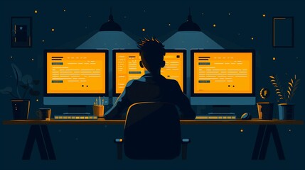 Silhouetted Man Working Late at Night With Multiple Monitors