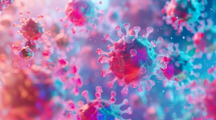 Aufkleber - A close-up view of numerous virus particles in a pink and blue liquid.