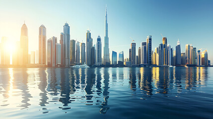 Wall Mural - a bustling metropolis with sleek, reflective skyscrapers rising high into the sky on a sunny day.