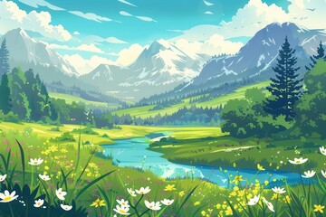 Wall Mural - panoramic landscape of spring meadow with river forest and mountains beautiful nature background vector