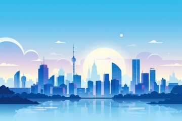 Poster - Chinese big city flat illustration,simple illustration, minimalist lines, blue and white, summer, chinese style, landscape flat design,use bold and bright colors with gradient effects in a flat illust