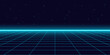 © Maderla - Arcade Retro game .Pixel art background.8 bit game.retro game.Synthwave wireframe landscape. for game assets.Retro Futurism Sci-Fi Background. glowing neon grid.and stars from vintage arcade comp