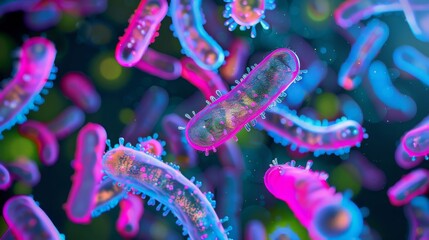 Fototapete - Close-up view of colorful, rod-shaped bacteria, revealing their complex structures and intricate details.
