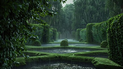 Poster - An  garden layout with complex hedge geometries visible through a gentle rain, with the wet earth providing a dark, rich canvas that highlights the vibrant greenery above.