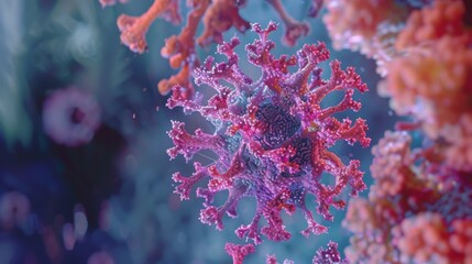 Aufkleber - A microscopic image showing a virus particle with multiple spiky protrusions.
