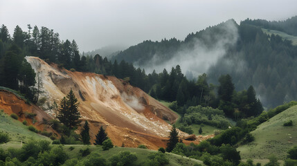 Wall Mural - A torrent of mud flows rapidly down a steep hillside, causing destruction and chaos.