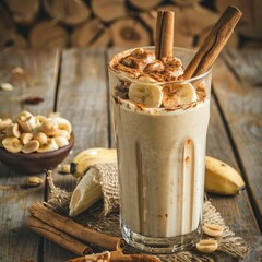 Wall Mural - Creamy banana milkshake flavored with cinnamon, topped with peanut butter and cinnamon in a glass on rustic background.